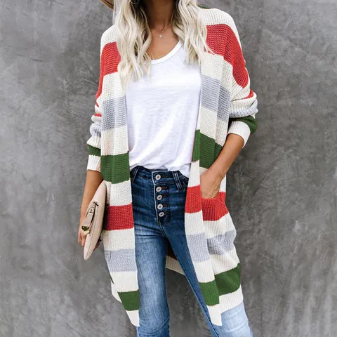 Women Casual Striped Patchwork Cardigan Sweater Mid Length Color Block Knitted Outerwear Open Front Long Sleeve Top