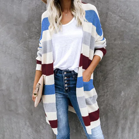 Women Casual Striped Patchwork Cardigan Sweater Mid Length Color Block Knitted Outerwear Open Front Long Sleeve Top