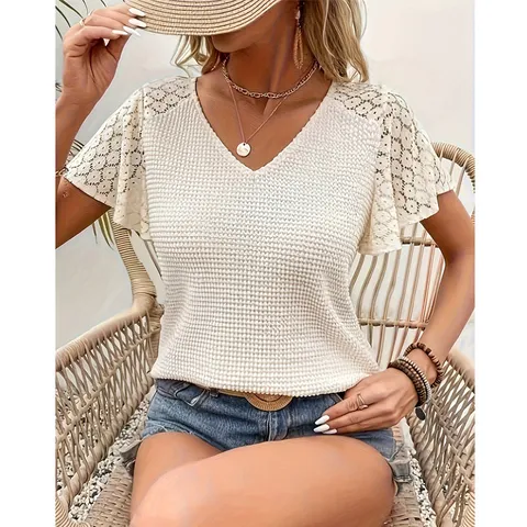 Damen V-Ausschnitt Spitze Ajour Stricktop Casual Pendler Kurzarm Pullover Einfarbige Elegante Sommerbluse