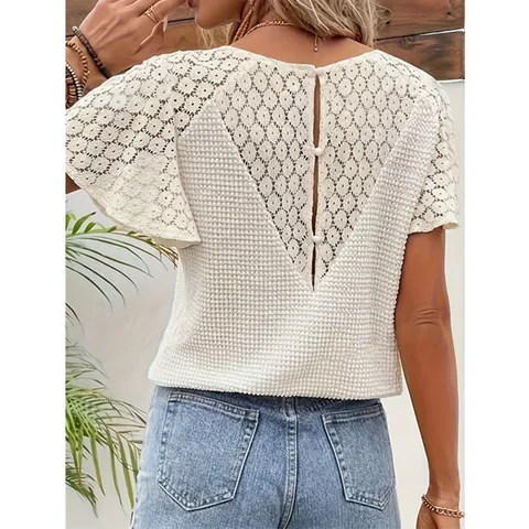 Damen V-Ausschnitt Spitze Ajour Stricktop Casual Pendler Kurzarm Pullover Einfarbige Elegante Sommerbluse