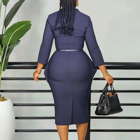 Women's Elegant Long Sleeve V-Neck Peplum Pencil Dress Solid Color Professional Business Work Midi Dress With Belt