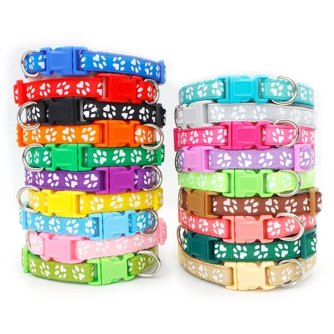 Pet Dog Cat Adjustable Nylon Collar With Cute Paw Print Pattern Anti-Lost Outdoor Walking Neck Strap Pet Accessories