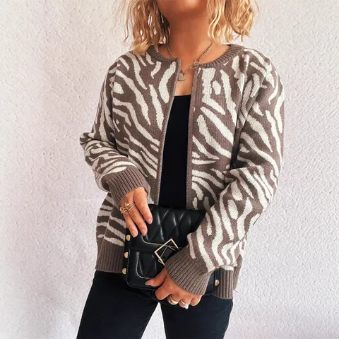 Women's Casual Zebra Striped Knitted Cardigan Long Sleeve Crew Neck Full Zip Sweater Fashion Streetwear Outerwear