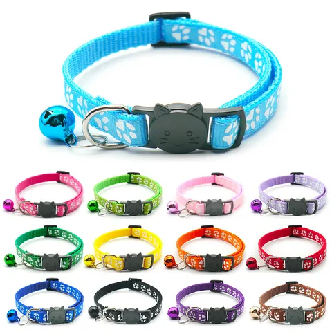 Pet Collar Small Dog Cat Collar Adjustable Nylon Pet Necklace with Bell and Safety Buckle Cute Paw Print Design Pet Supplies