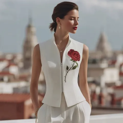 Chaleco Casual de Cuello Cisne Sin Mangas con Cremallera y Bordado de Rosas para Mujer