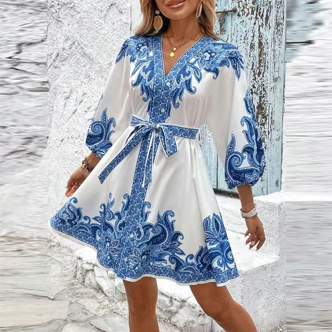 Women's Casual V-Neck Long Sleeve Lace-Up Midi Dress Elegant Floral Printed A-Line Resort Wear Dress
