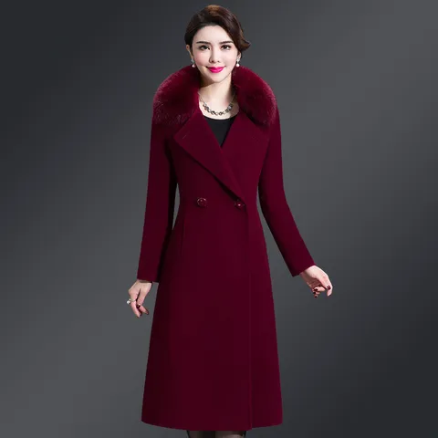 Womens Double Sided Cashmere Woolen Coat Mid Length Slim Fit Lapel Fox Fur Collar Winter Jacket Elegant Trench Coat