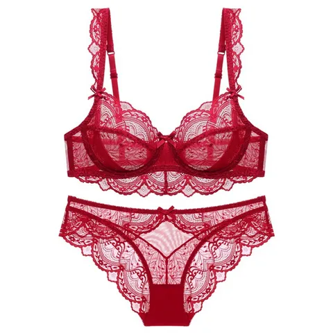 Damen Sexy Spitzen BH und Slip Set Push Up Atmungsaktive Bügel Lingerie Set Bequeme Unterwäsche