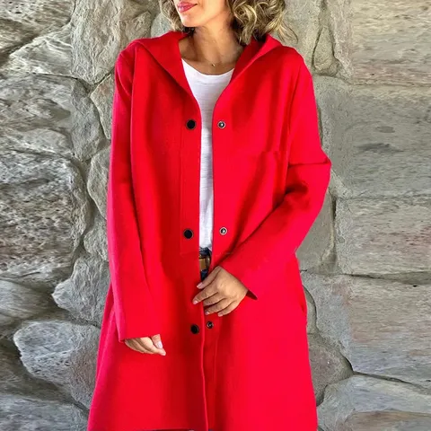 Women's Casual Long Sleeve Hooded Solid Color Wool Blend Coat Winter Button Pockets Loose Outerwear Fashion Trench