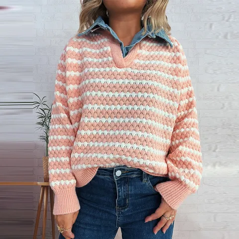 Women's Casual Striped Fake Two-Piece Knitted Sweater Denim Patchwork Lapel Long Sleeve Pullover Autumn Winter Fashion Top