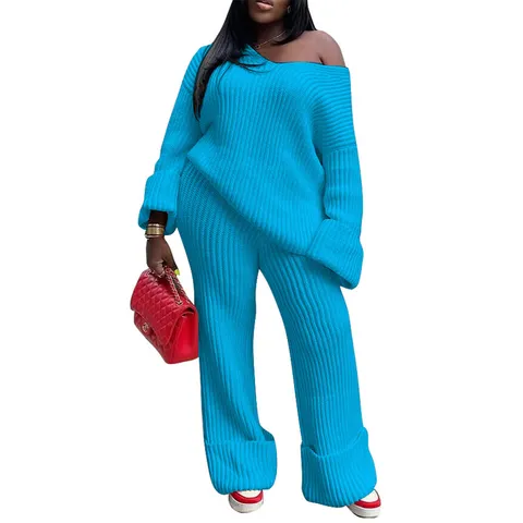 Women Casual Solid Color V Neck Loose Knit Pullover Top And Wide Leg Pants Two Piece Set Long Sleeve Sweater Outfit