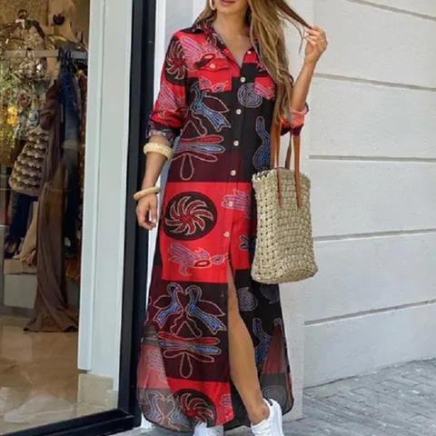 Women's Fall Long Sleeve Turn-Down Collar Single-Breasted Plaid Print Maxi Shirt Dress Casual Commuter Long Dress