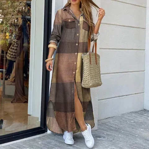 Women's Fall Long Sleeve Turn-Down Collar Single-Breasted Plaid Print Maxi Shirt Dress Casual Commuter Long Dress