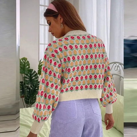 Dames Casual Lange Mouw Ronde Hals Enkelknoops Bloemen Jacquard Gebreid Vest Trui Jas Polyester Bovenkleding
