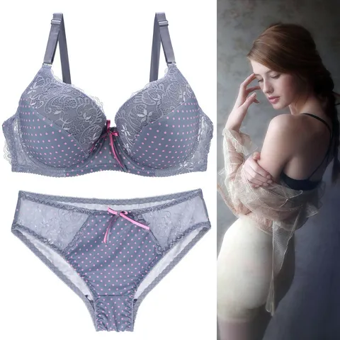 Damen Sexy Punkte Spitze Push Up BH Und Slip Set Bequemes Unterwäsche Set Baumwollmischung Süßes Schleife Design