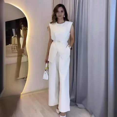 Women's Casual Solid Color Round Neck Sleeveless Top And High Waist Wide Leg Pants Two Piece Set