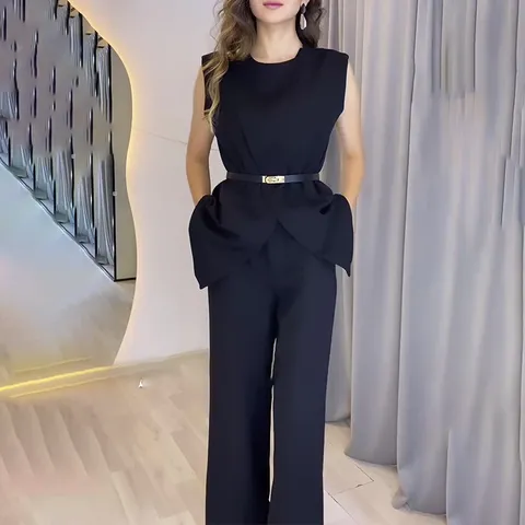 Women's Casual Solid Color Round Neck Sleeveless Top And High Waist Wide Leg Pants Two Piece Set