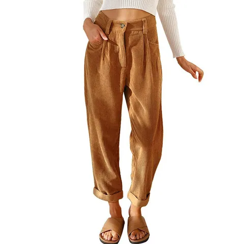 Vrouwen Casual Ribfluweel Harembroek Retro Literair Losse Hoge Taille Korte Broek Met Zakken Herfst Winter Mode