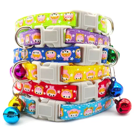 Adjustable Cartoon Print Pet Collar With Safety Buckle Bell Polypropylene Cute Cat Dog Neck Strap Pet Walking Supplies