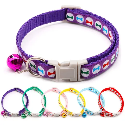 Adjustable Bone Print Pet Collar With Bell Polypropylene Dog Cat Collar For Small Dogs Cats Daily Walking Pet Accessories