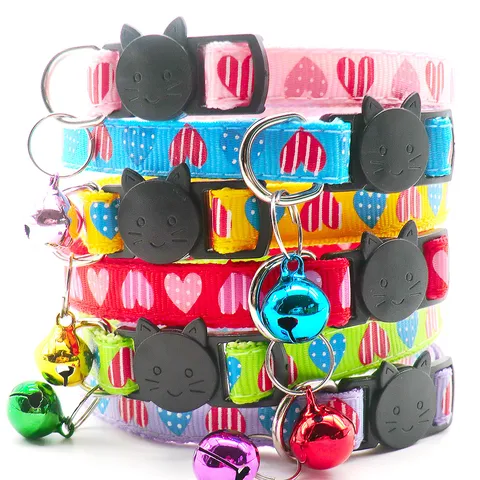 Cute Pet Collar For Cats And Small Dogs Polypropylene Heart Print Adjustable Safety Quick Release Buckle With Bell