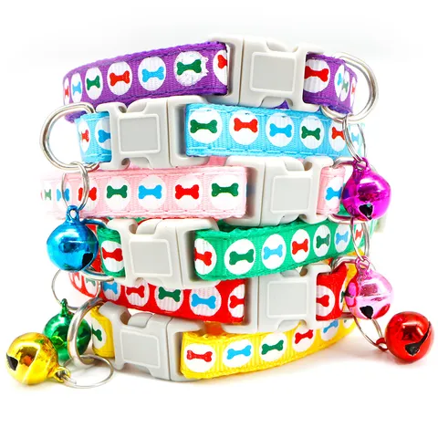 Adjustable Bone Print Pet Collar With Bell Polypropylene Dog Cat Collar For Small Dogs Cats Daily Walking Pet Accessories