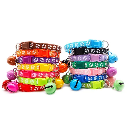 Pet Dog Cat Collar Adjustable Cute Paw Print Nylon Neck Strap with Bell