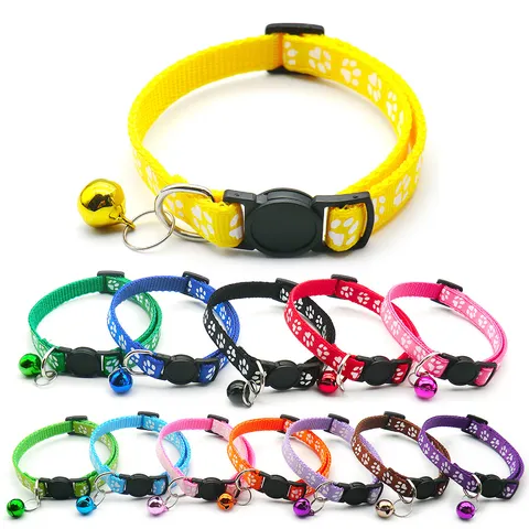 Adjustable Nylon Pet Collar With Bell Paw Print Cat Dog Anti-Loss Neck Strap Pet Accessories