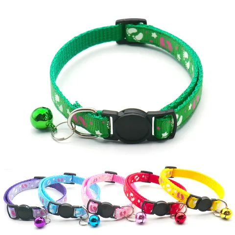 Pet Cat Dog Collar With Bell Paw Pattern Adjustable Safety Quick Release Buckle Polypropylene Material Pet Neck Strap Gift