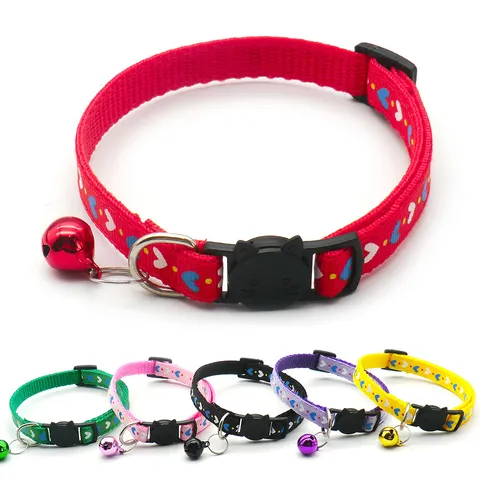 Cute Heart Print Cat Collar With Bell Safety Buckle Adjustable Nylon Pet Neck Strap For Cats Small Dogs Pet Accessories