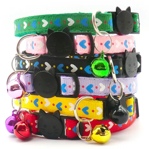 Cute Heart Print Cat Collar With Bell Safety Buckle Adjustable Nylon Pet Neck Strap For Cats Small Dogs Pet Accessories