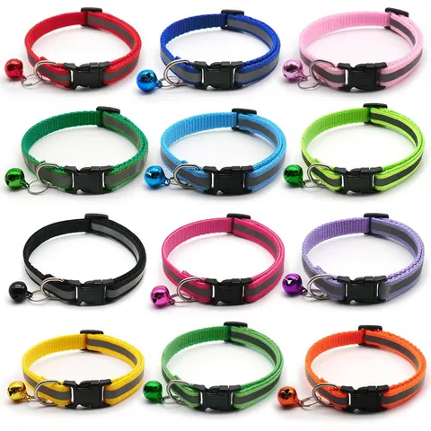 Reflective Pet Collar Adjustable Nylon Dog Cat Neck Strap With Bell Quick Release Buckle For Outdoor Walking