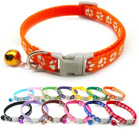 Pet Collar Cartoon Paw Print Adjustable Nylon Cat Dog Neck Strap With Bell Small Dogs Puppies Pet Accessories