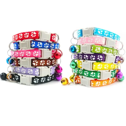 Pet Collar Cartoon Paw Print Adjustable Nylon Cat Dog Neck Strap With Bell Small Dogs Puppies Pet Accessories