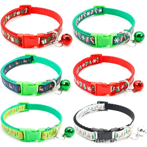 Christmas Pet Collar Cartoon Print Polypropylene Adjustable Puppy Kitten Neck Strap With Bell Festive Pet Accessory