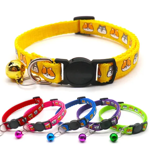 Colorful Printed Pet Collar Adjustable Safety Buckle Cute Cartoon Animal Pattern Cat Dog Neck Strap with Bell