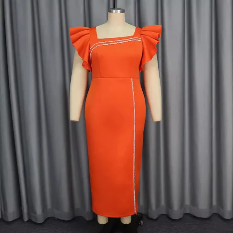 Robe de Soirée Élégante pour Femmes Col Carré Volants Perles Fente Robe Midi Sans Manches Près du Corps