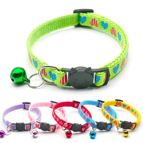 Cute Pet Collar For Cats And Small Dogs Polypropylene Heart Print Adjustable Safety Quick Release Buckle With Bell