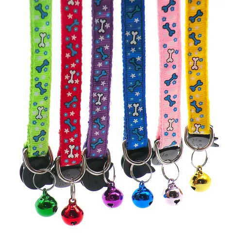 Pet Collar Cute Bone Print Nylon Dog Collar With Bell Safety Buckle Adjustable Small Dog Cat Neck Strap Pet Accessories