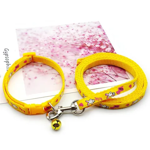 Cute Rabbit Print Pet Leash Set Polypropylene Webbing Dog Leash And Cat Collar With Bell Outdoor Walking Pet Accessories