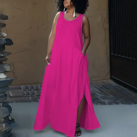 Plus Size Femmes Décontracté Couleur Unie Ample Sans Manches Maxi Robe Robe Longue Confortable Pour Vacances d'Été