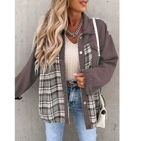 Veste en Jean à Carreaux et Manches Longues pour Femmes Col Rabattu Boutonné Simple Manteau de Ville Casual