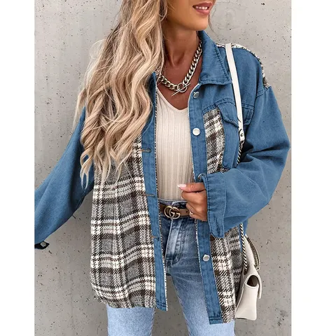 Veste en Jean à Carreaux et Manches Longues pour Femmes Col Rabattu Boutonné Simple Manteau de Ville Casual