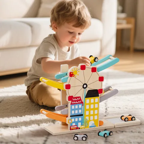 Wooden Ferris Wheel Sliding Track Car Toy Kids Educational Early Learning Rolling Car Maze Play Set Toddler Gift