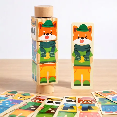 Blocs de Construction Rotatifs Habillage Enfants en Bois Jouet Puzzle Éducatif Apprentissage Précoce Jeu de Correspondance Animaux