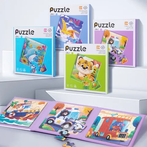 Kids Educational 3 In 1 Magnetic Puzzle Toy Cartoon Animal Traffic Ocean Dinosaur Theme Paper Jigsaw Puzzles Toddler Gift