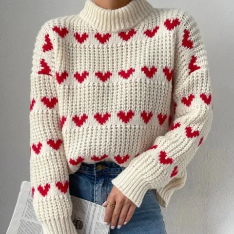 Suéter Casual Acrílico Cuello Perkins Pullover Manga Larga Corazón Jacquard Elegante Top de Invierno