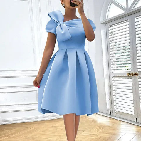 Robe Trapèze Décontractée à Manches Courtes pour Femmes Élégante Col Bateau Nœud Couleur Unie Robe Midi Coupe Slim Robe d'Été