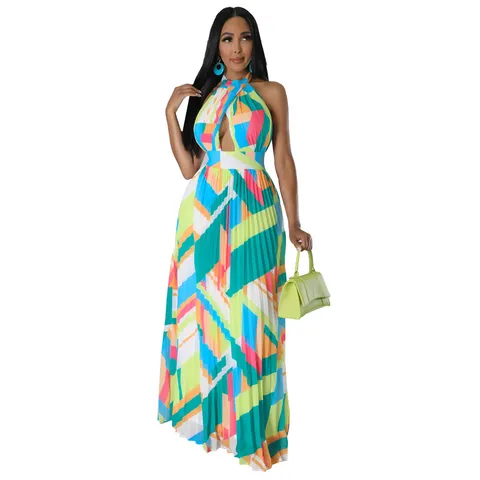 Women Sexy Halter Backless Geometric Print Pleated Chiffon Maxi Dress Summer Casual Resort Style Long Dress