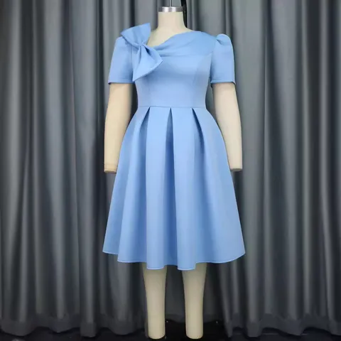 Robe Trapèze Décontractée à Manches Courtes pour Femmes Élégante Col Bateau Nœud Couleur Unie Robe Midi Coupe Slim Robe d'Été